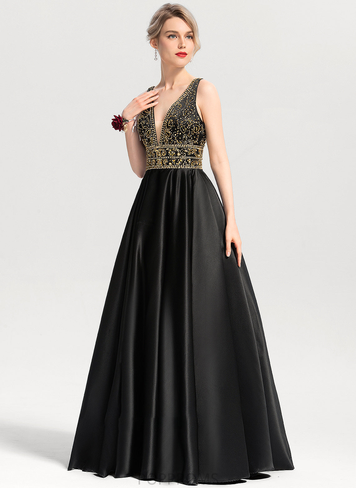 With V-neck Sequins Prom Dresses Floor-Length Satin Amaris Beading Ball-Gown/Princess