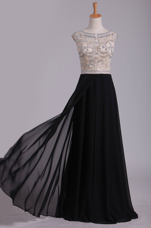 2024 Cap Sleeve Prom Dresses Bateau With Beading And Slit Chiffon