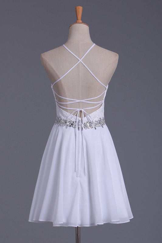 2024 White Halter Homecoming Dresses A Line Chiffon & Lace Short/Mini