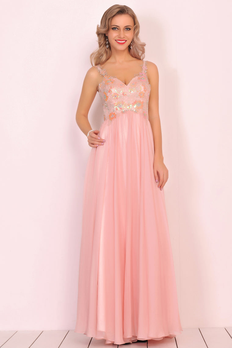 2024 A Line Spaghetti Straps Prom Dresses Chiffon With Beads And Applique