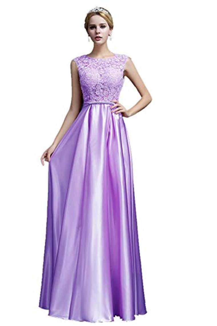 Elegant A-Line Applique Round Neck Lace Satin Ball Gown Evening Prom Dress