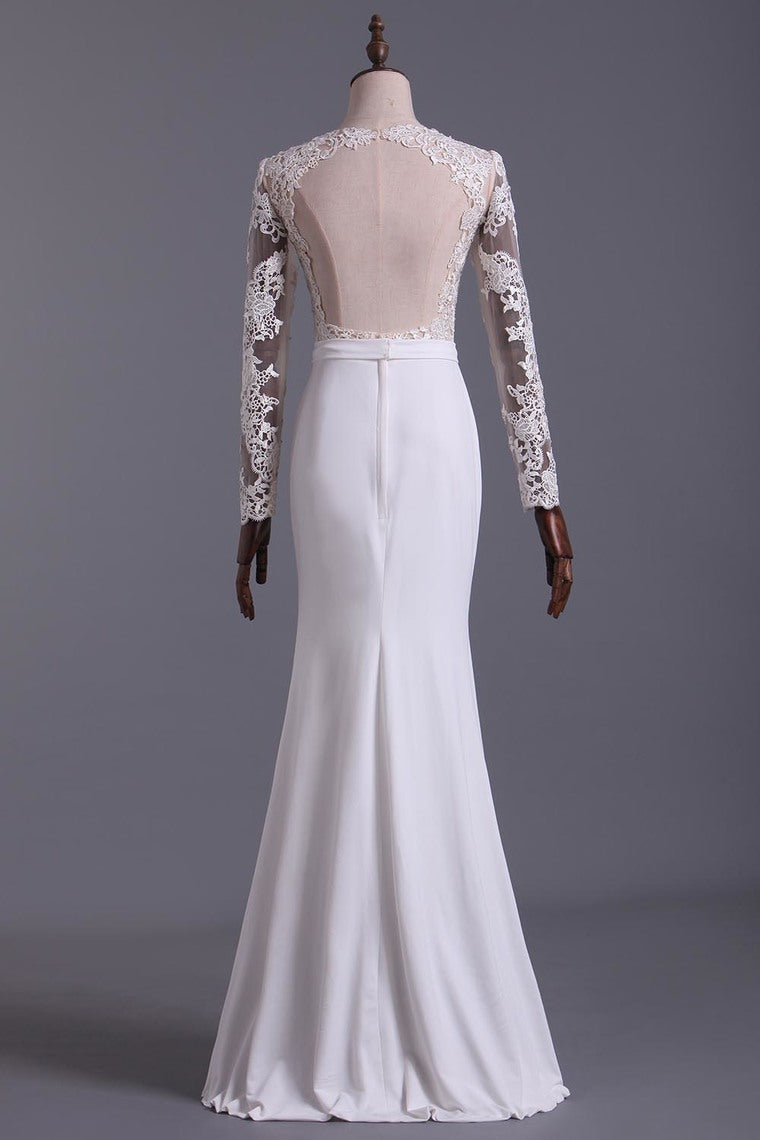 Wedding Dresses Scoop Long Sleeves With Sash Sweep Train Backless