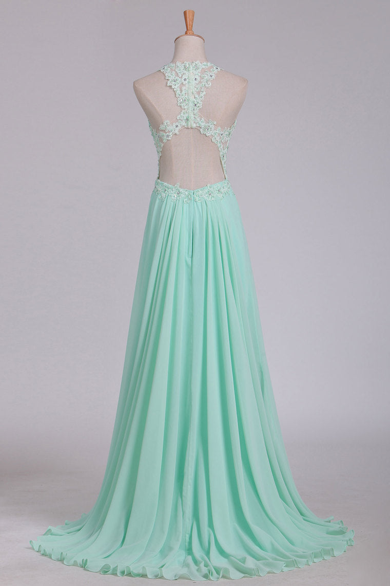 2024 See-Through Scoop A Line Chiffon Prom Dresses With Applique Floor Length