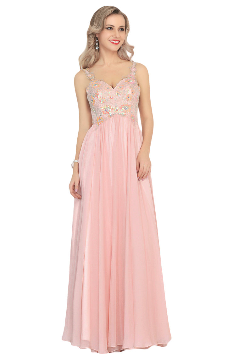 2024 A Line Spaghetti Straps Prom Dresses Chiffon With Beads And Applique