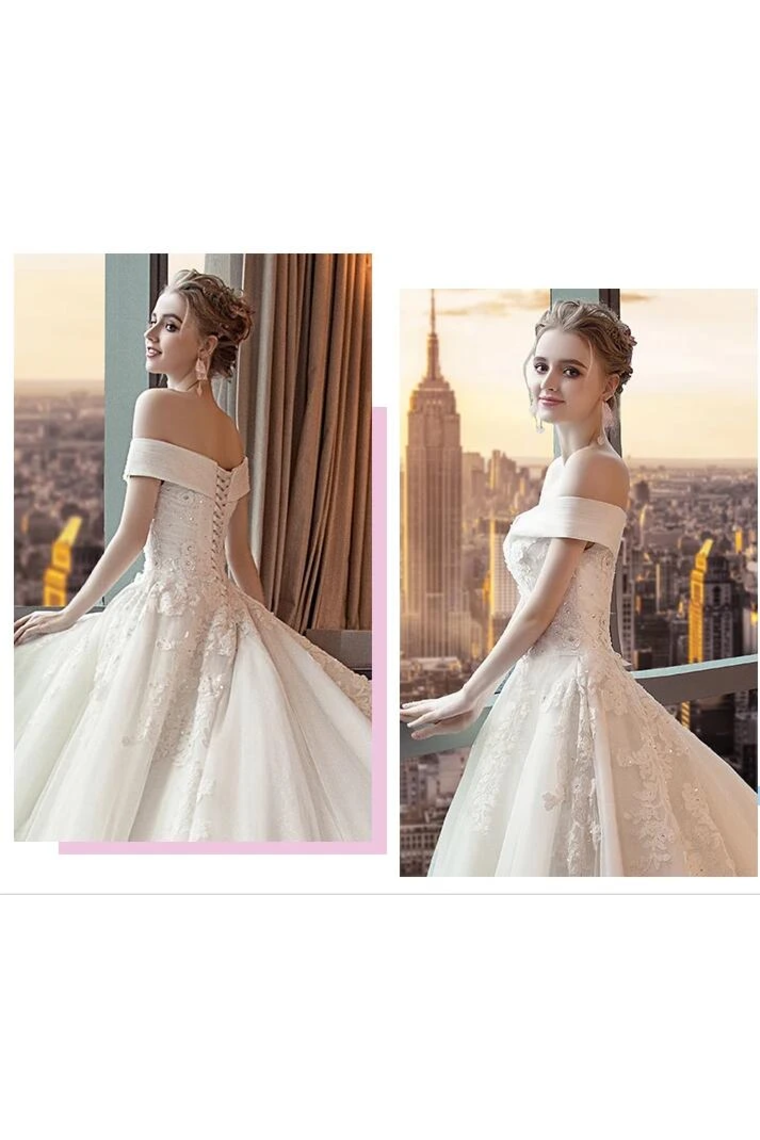 Gorgeous Off The Shoulder Lace Cathedral Train Wedding Dresses, Princess Bridal Dresses