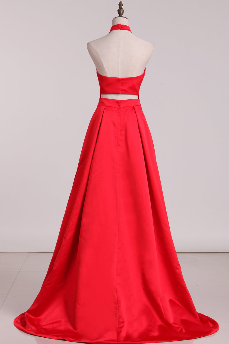 2024 New Arrival A Line Halter Satin Sweep Train Evening Dresses