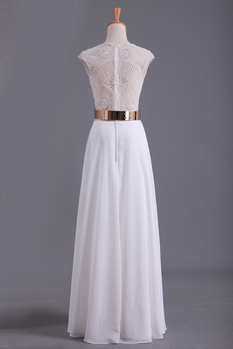 2024 White V Neck Beaded Bodice Prom Dresses A Line Chiffon With Sash And Slit