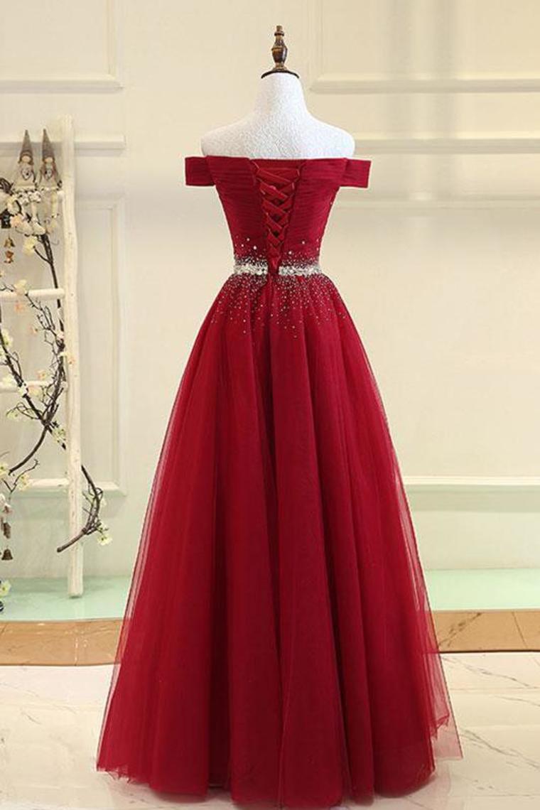 2024 Tulle Prom Dresses A Line Off The Shoulder With Beading Lace Up