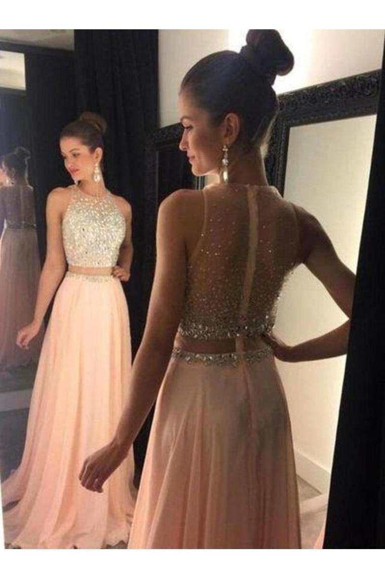 2024 Prom Dresses Scoop Beaded Bodice Chiffon Sweep Train