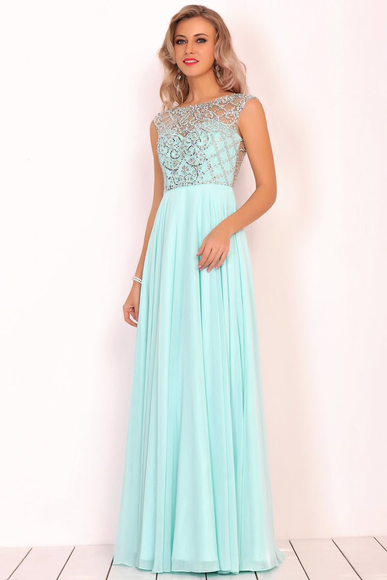 2024 A Line Boat Neck Chiffon Prom Dresses With Beading Floor Length