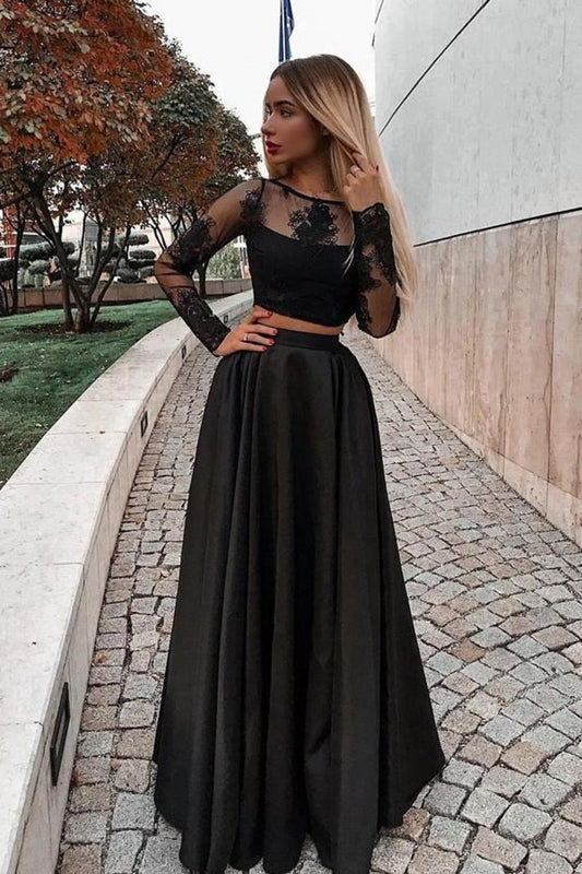 2024 Long Sleeves Scoop Prom Dresses A Line Satin With Applique Two Pieces