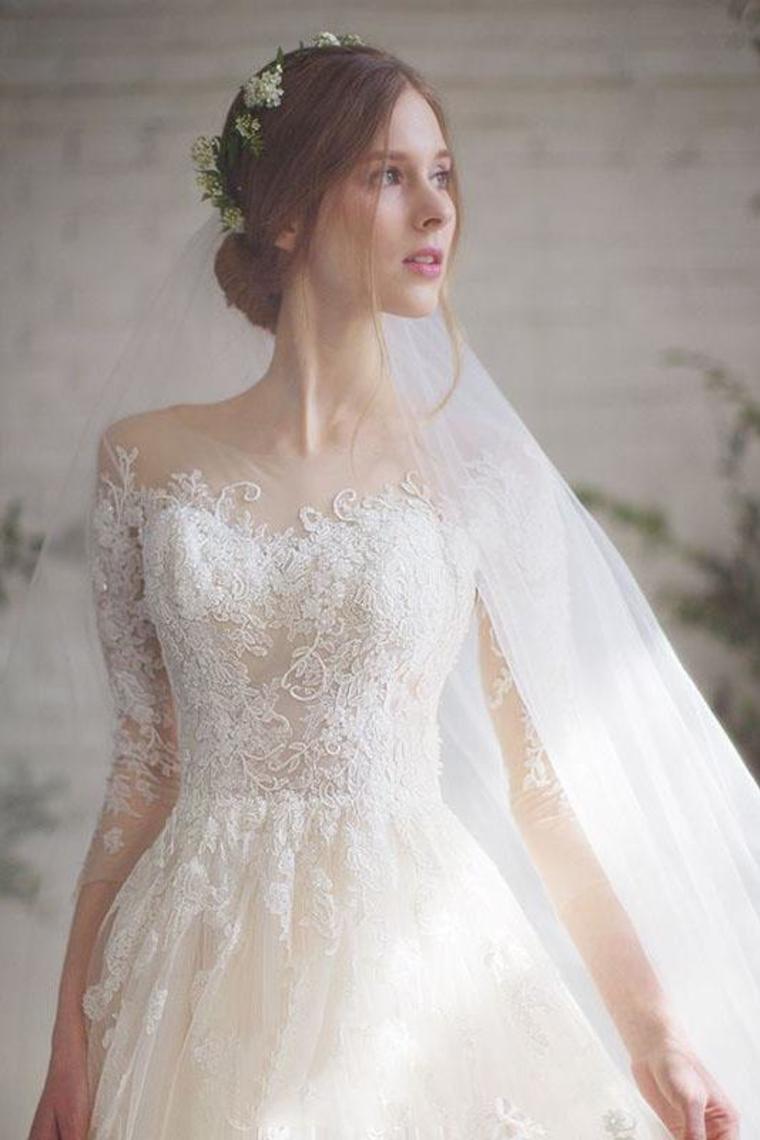 Romantic 3/4 Sleeves Illusion Neckline  Appliques Wedding Dresses