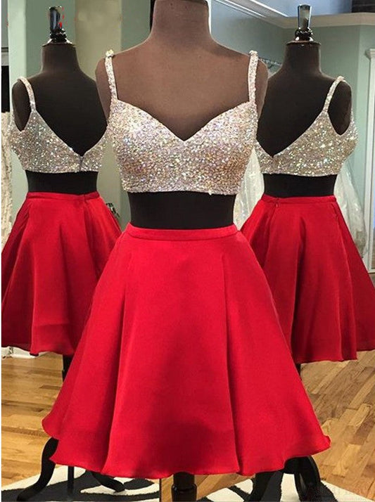 Two Piece Spaghetti Straps Above-Knee Red With Sequins Homecoming Dresses Alice Beading