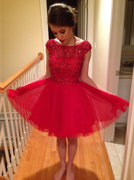 A-Line Bateau Cap Sleeves Knee-Length Red 2024 With Homecoming Dresses Henrietta Lace Beading