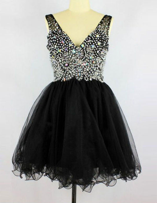 A-Line Deep V-Neck Sleeveless Trinity Homecoming Dresses Short Black Beading