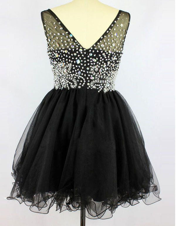 A-Line Deep V-Neck Sleeveless Trinity Homecoming Dresses Short Black Beading