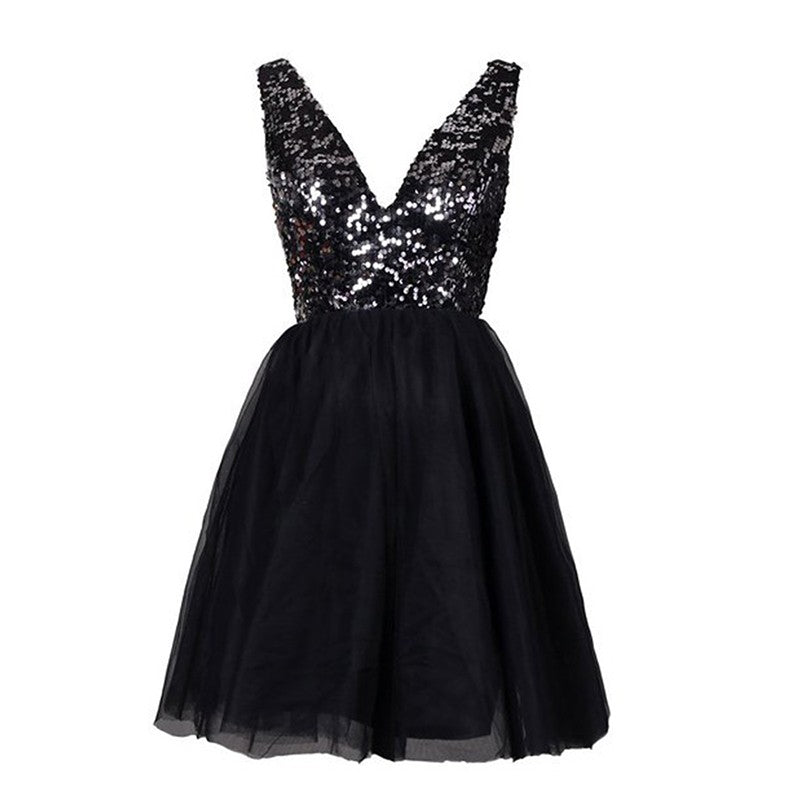 Deep V-Neck Backless Homecoming Dresses Mimi Sequins Black Short