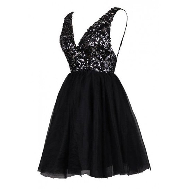 Deep V-Neck Backless Homecoming Dresses Mimi Sequins Black Short