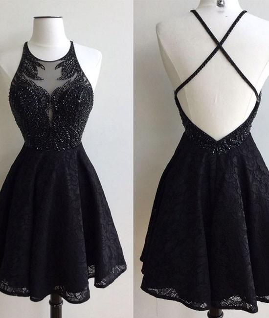 Homecoming Dresses Lace Ashlyn A-Line Jewel Backless Short Black 2024 With Beading