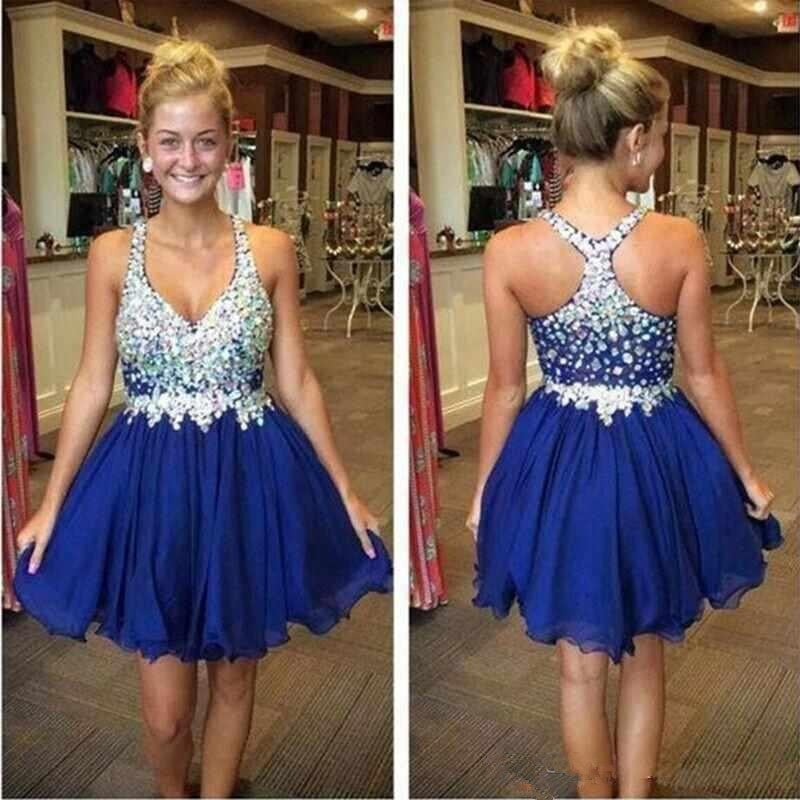 A-Line Deep V-Neck Beading Pleated Isabella Royal Blue Homecoming Dresses Short