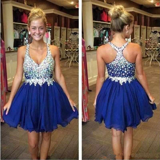 A-Line Deep V-Neck Beading Pleated Isabella Royal Blue Homecoming Dresses Short