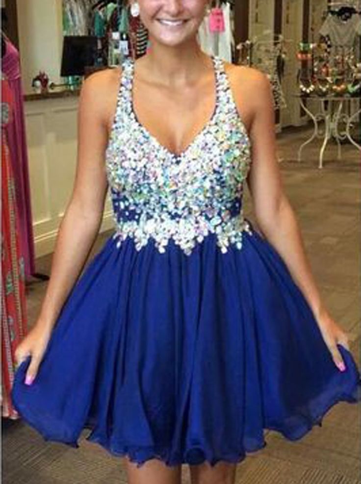 A-Line Deep V-Neck Beading Pleated Isabella Royal Blue Homecoming Dresses Short