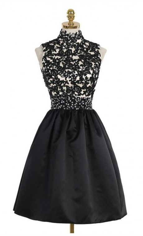 A-Line High Neck Open Back Lace Lesly Homecoming Dresses Above-Knee Black 2024 With Sequins