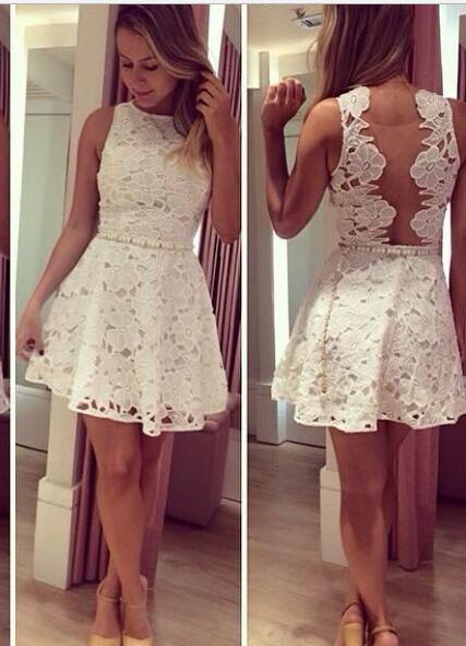 A-Line Elisa Lace Homecoming Dresses Bateau Short Illusion Back White With Beading