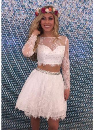 Two Piece Bateau Long Sleeves Homecoming Dresses Aliza Lace White Tulle 2024 With Beading