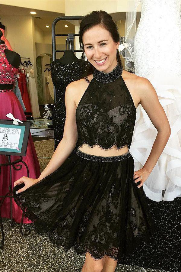 Two Piece Homecoming Dresses Lace Jade High Neck Beading Black 2024