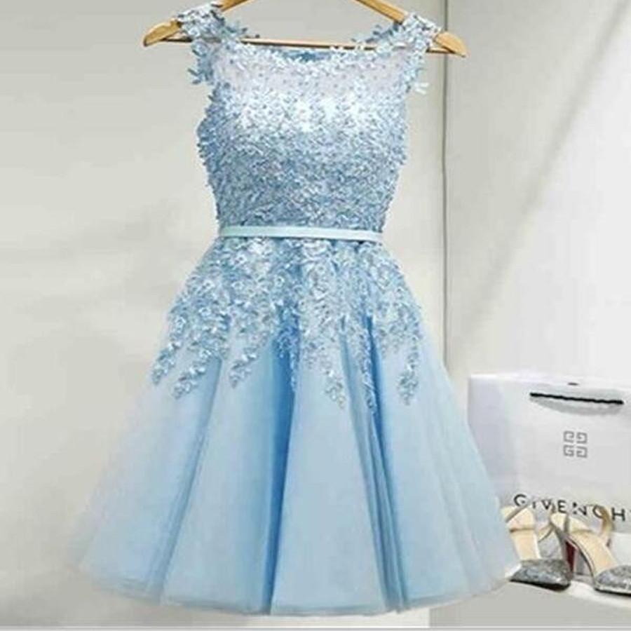 A-Line Jewel Light Blue Short Holly Chiffon Homecoming Dresses 2024 With Appliques Pleats