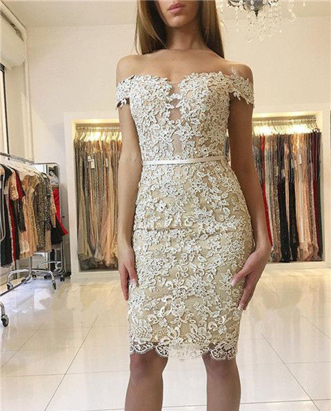 Sheath Off-The-Shoulder Knee-Length Light Champagne Princess Lace Homecoming Dresses 2024