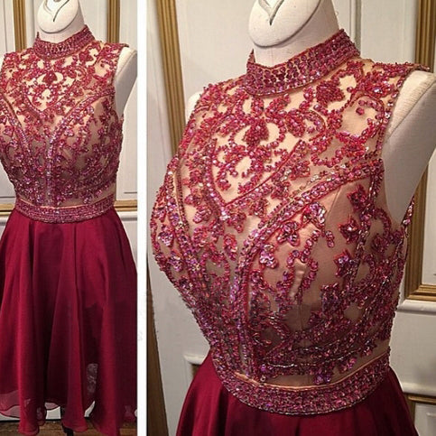 A-Line High Neck Burgundy Chiffon Olivia Homecoming Dresses Short 2024 With Beading Sequins