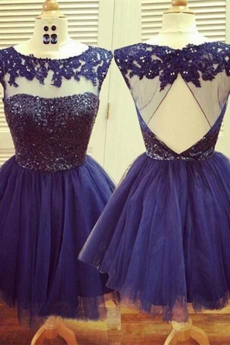 A-Line Jewel Open Back Navy Blue Tulle Katelynn Lace Homecoming Dresses Short 2024 With Beading