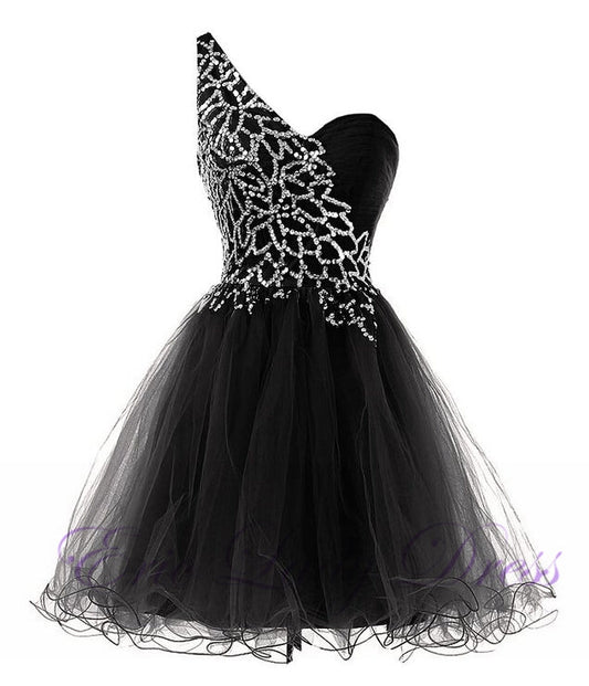 A-Line One-Shoulder Black Tulle Short 2024 Jaylynn Homecoming Dresses With Sequins