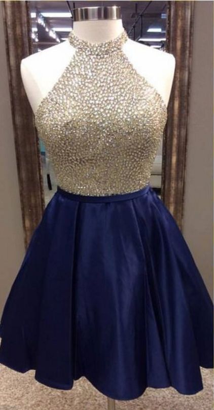 A-Line Jewel Ginny Satin Homecoming Dresses Navy Blue Short 2024 With Beading