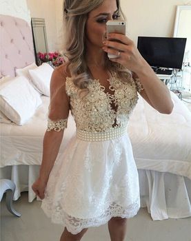 A-Line V-Neck Half Sleeves White Short 2024 With Lace Homecoming Dresses Macey Appliques Pearls