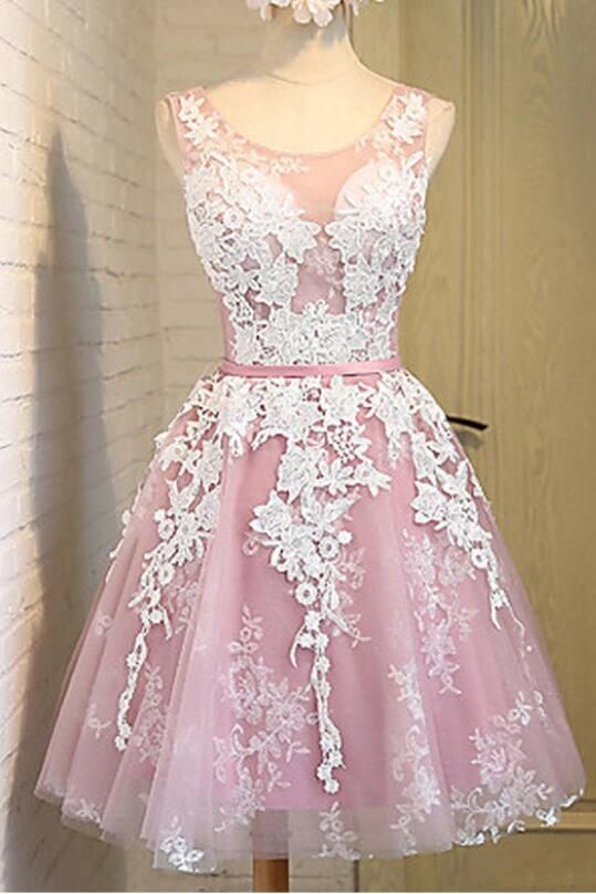 Homecoming Dresses Pink Lace Polly A-Line Scoop -Up Tulle Short 2024 With