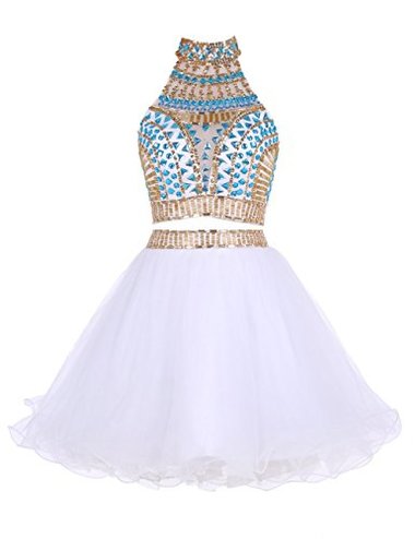 Two Piece High Neck White Tulle Short 2024 With Beading Homecoming Dresses Makaila Rhinestone