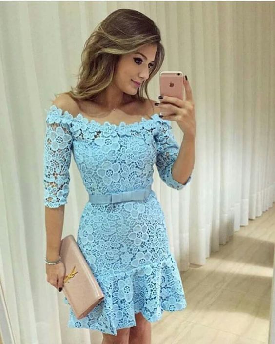 Sheath Off-The-Shoulder Above-Knee Jennifer Lace Homecoming Dresses Blue 2024 With Sashes