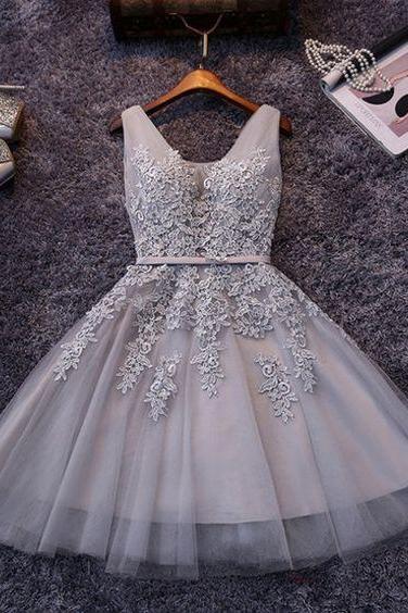 Princess/A-Line Homecoming Dresses Regan V-Neck Appliques Gray Tulle Dresses Prom