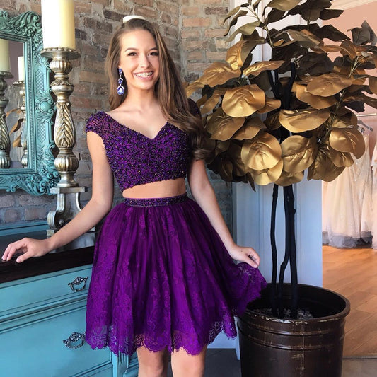 Two Piece Nayeli Lace Homecoming Dresses V-Neck Beading Purple 2024 With