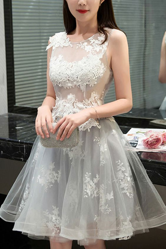 Princess/A-Line Jewel Sleeveless Light Gray Homecoming Dresses Fernanda Tulle Dresses With Appliques Prom