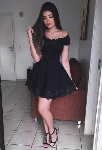 A-Line Off-The-Shoulder Short Sleeves Annika Lace Homecoming Dresses Black 2024