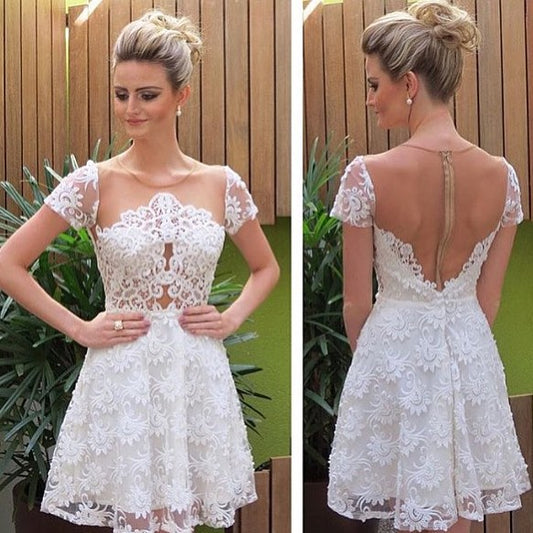 Princess/A-Line Jewel Short Sleeves White Angelica Lace Homecoming Dresses Dresses With Illusion Back Prom