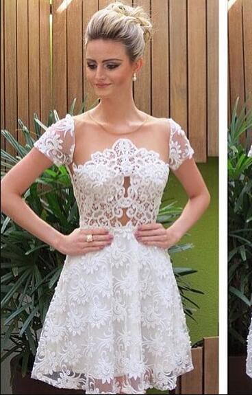 Princess/A-Line Jewel Short Sleeves White Angelica Lace Homecoming Dresses Dresses With Illusion Back Prom