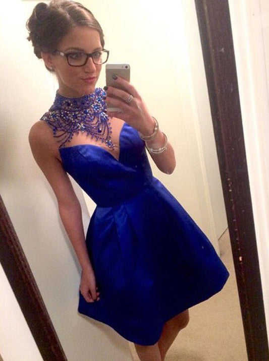 Satin Homecoming Dresses Royal Blue Hailee A-Line High Neck Short 2024 With Beading