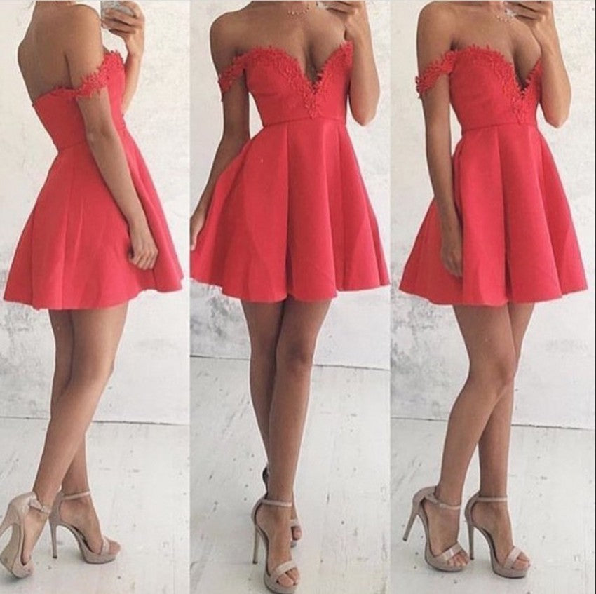 A-Line Off-The-Shoulder Short Red 2024 Satin Madyson Homecoming Dresses With Appliques