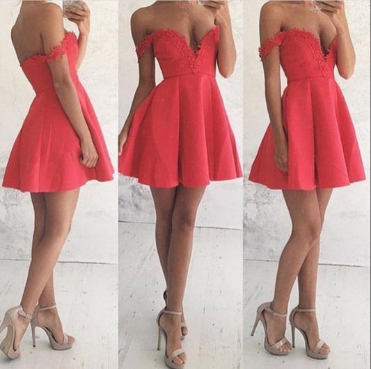 A-Line Off-The-Shoulder Short Red 2024 Satin Madyson Homecoming Dresses With Appliques