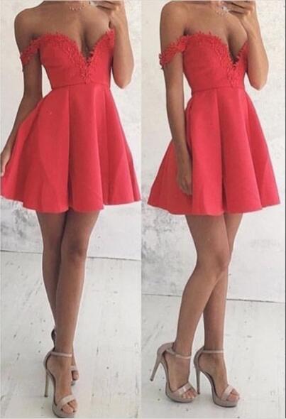 A-Line Off-The-Shoulder Short Red 2024 Satin Madyson Homecoming Dresses With Appliques